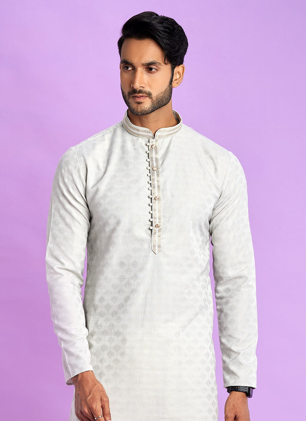 Fancy Work Jacquard Silk Silver Kurta Pyjama - M6921