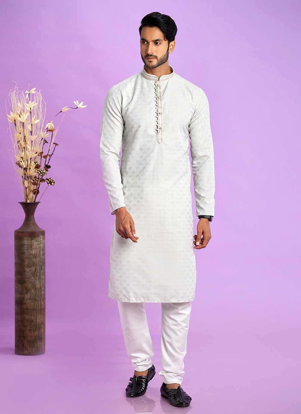 Fancy Work Jacquard Silk Silver Kurta Pyjama - M6921