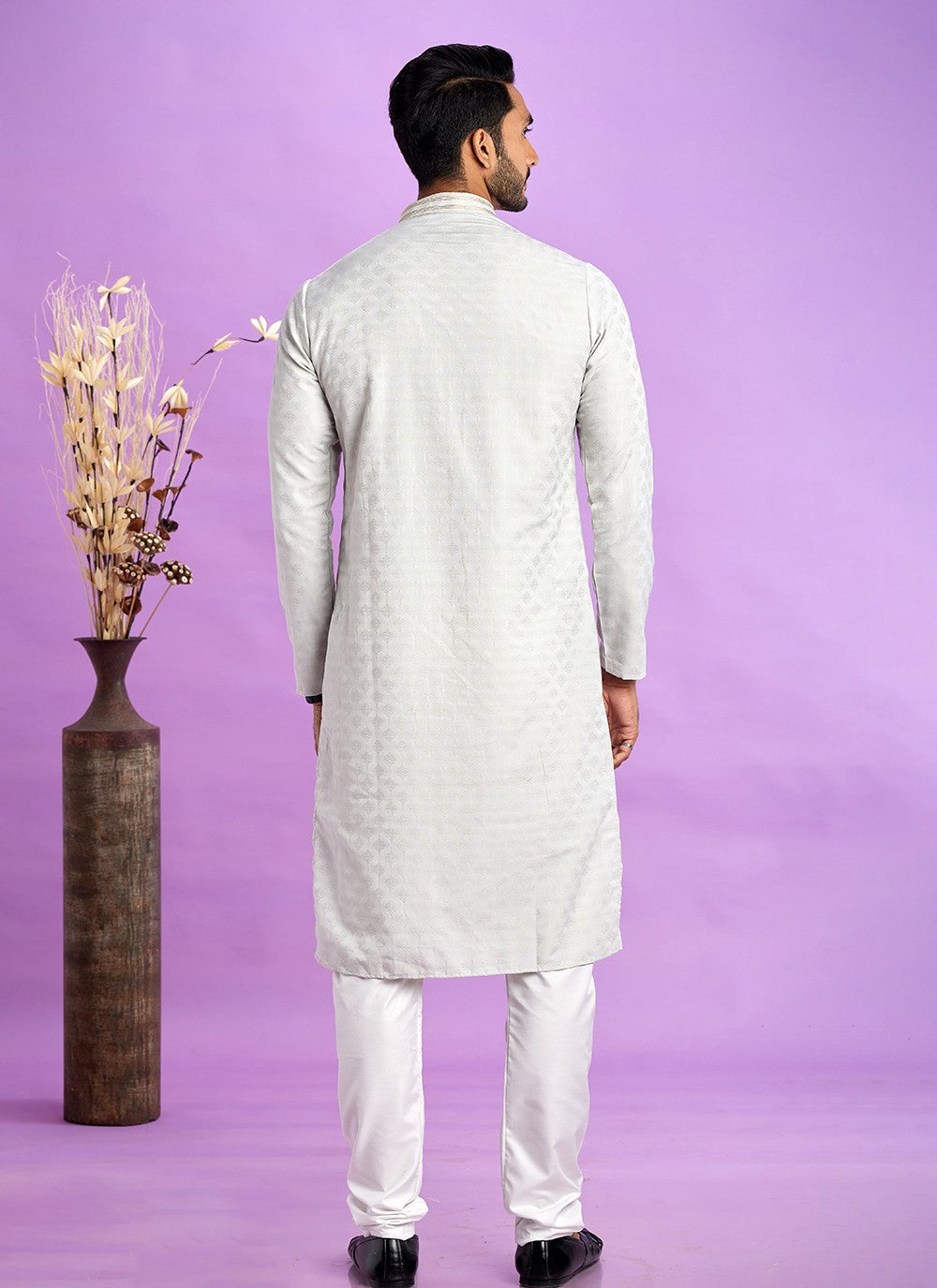 Fancy Work Jacquard Silk Silver Kurta Pyjama - M6921