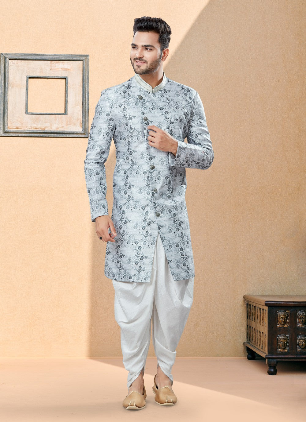 Digital Print Jacquard Silver Indo Western Sherwani - M3883