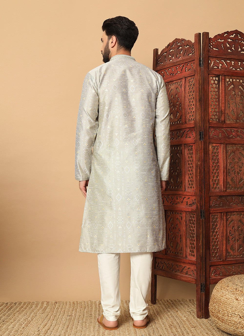 Embroidered Pure Silk Silver Kurta Pyjama - M8285