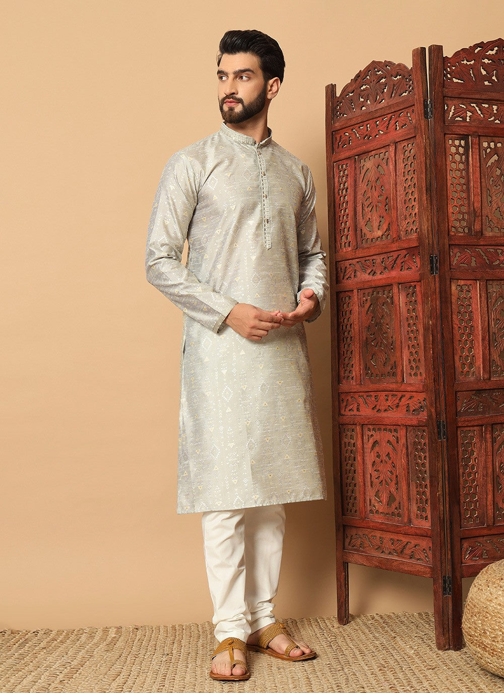 Embroidered Pure Silk Silver Kurta Pyjama - M8285