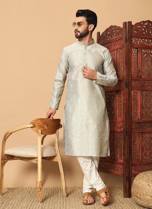 Embroidered Pure Silk Silver Kurta Pyjama - M8285