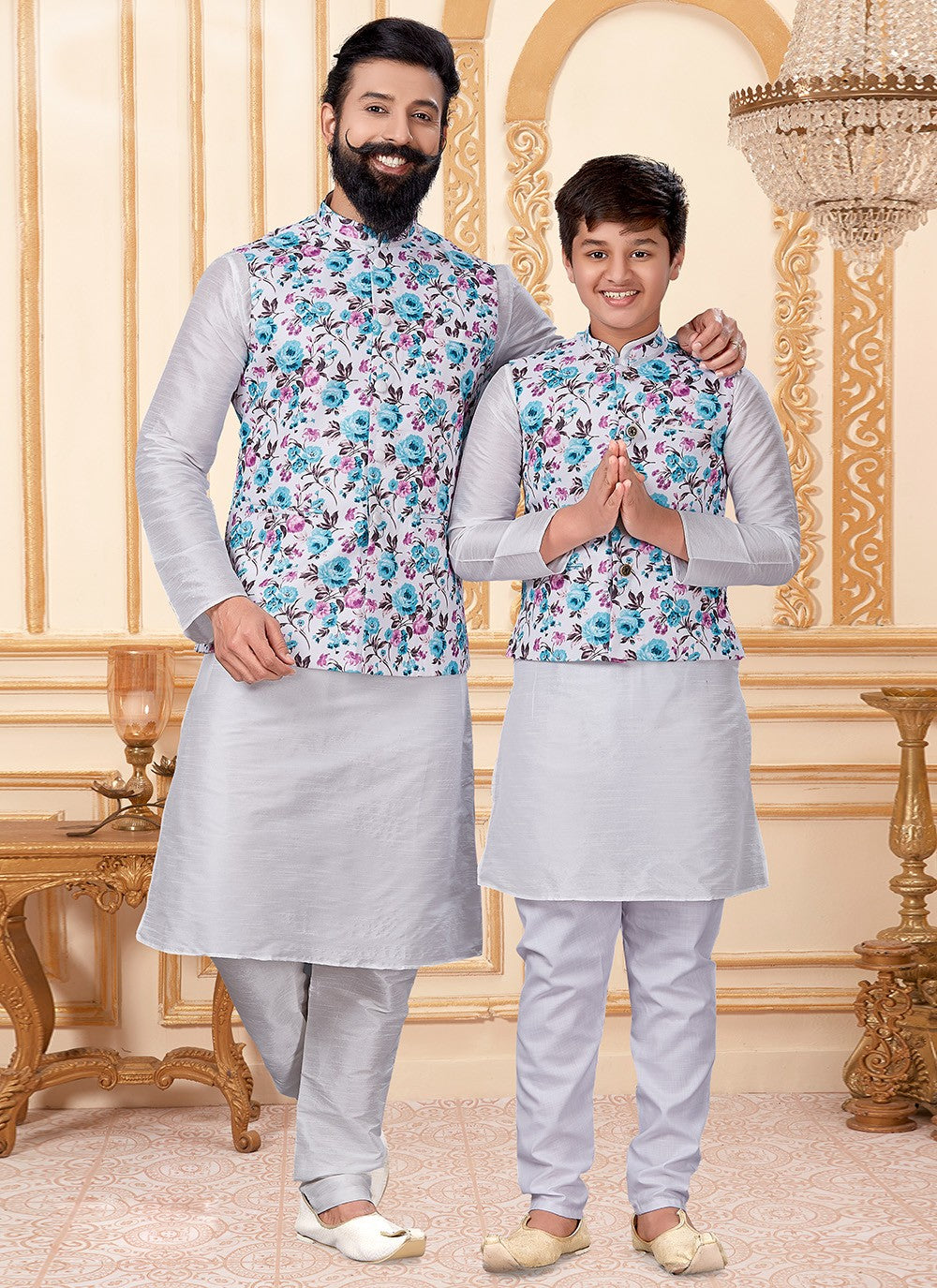 Printed Cotton , Dupion Silk Silver Kurta Payjama With Jacket - M2037