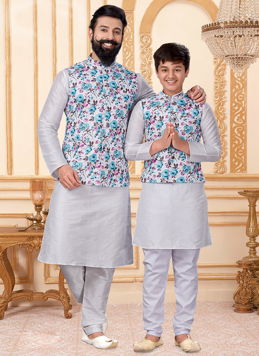 Printed Cotton , Dupion Silk Silver Kurta Payjama With Jacket - M2037