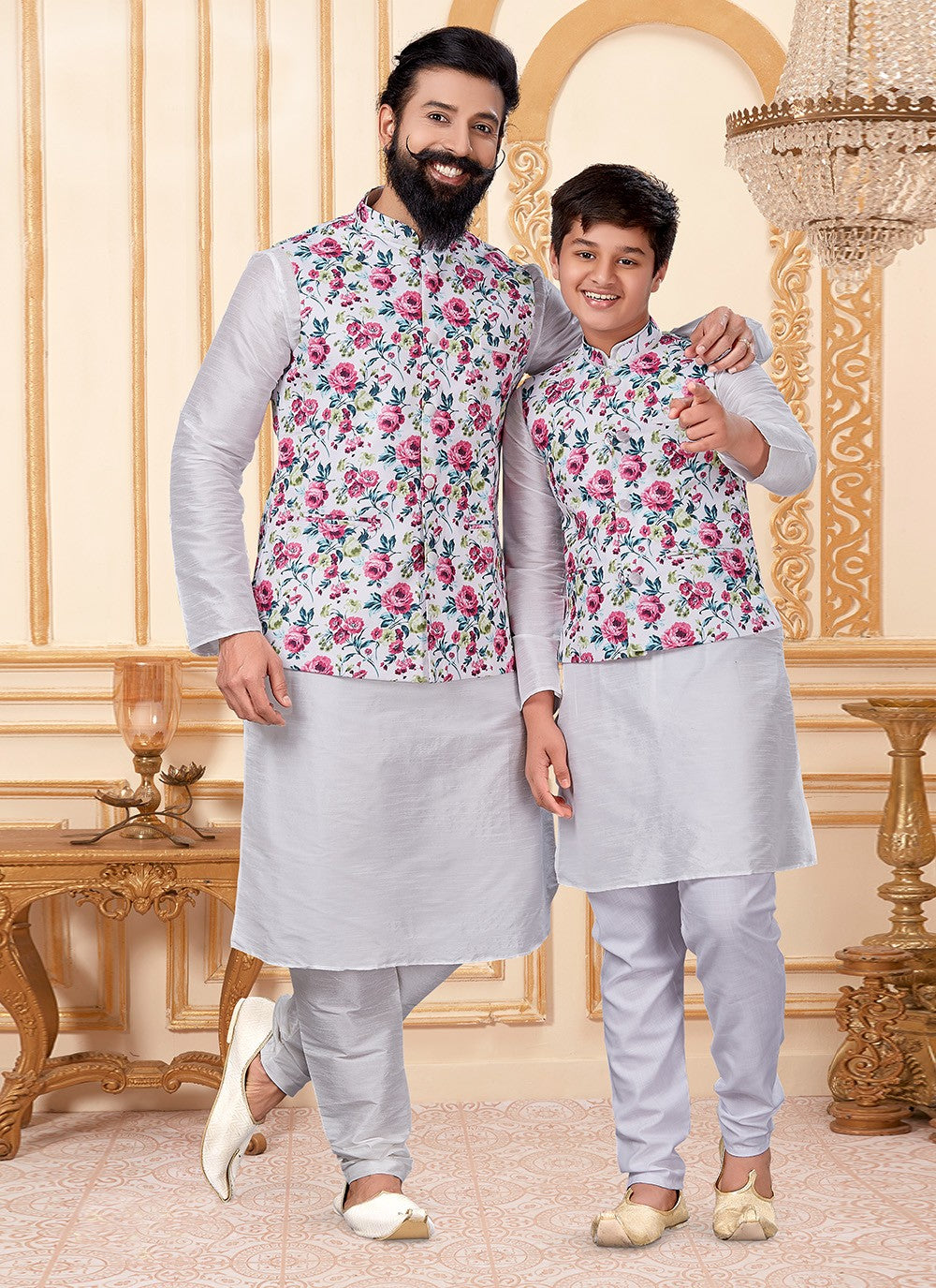 Printed Cotton , Dupion Silk Silver Kurta Payjama With Jacket - M2040