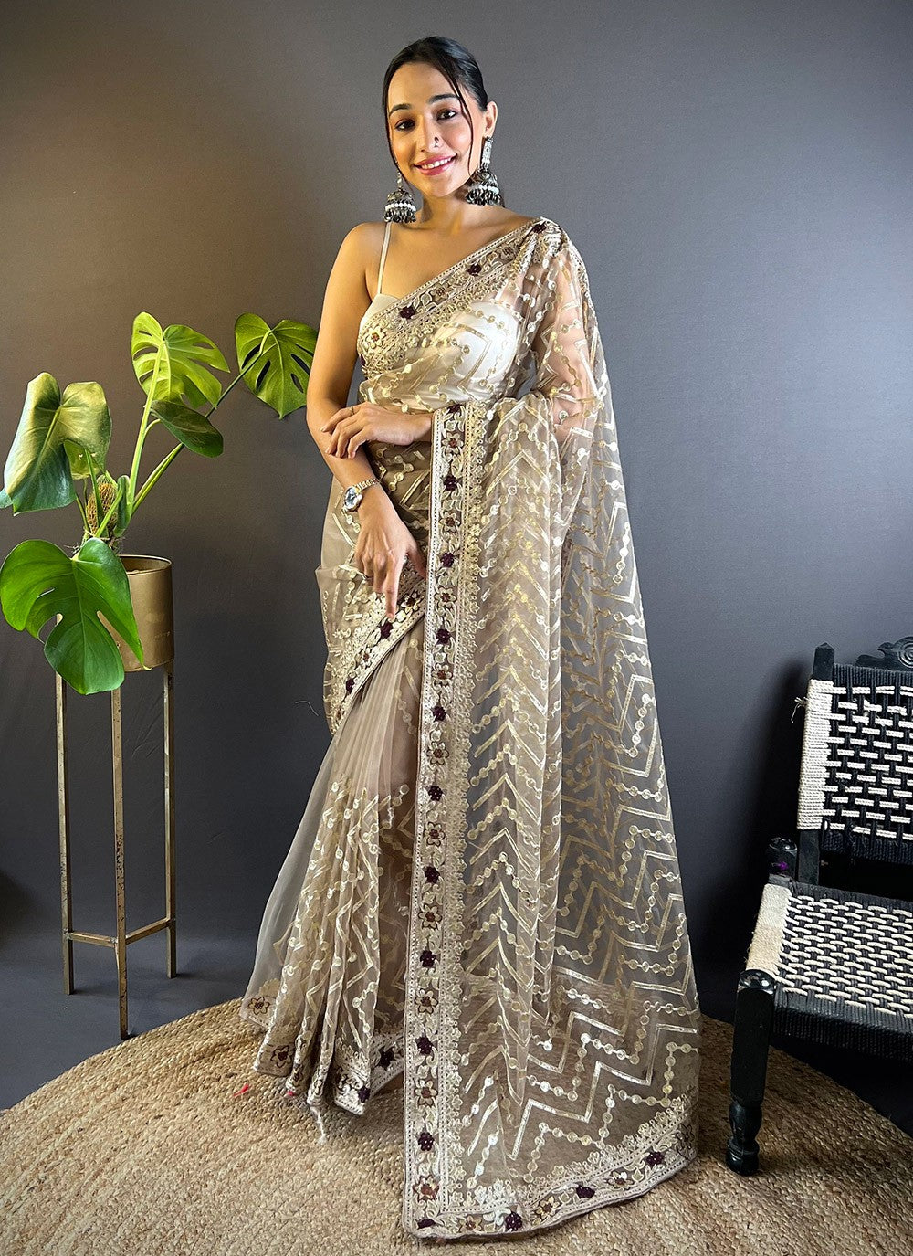 Trendy Embroidered Net Saree - S10598