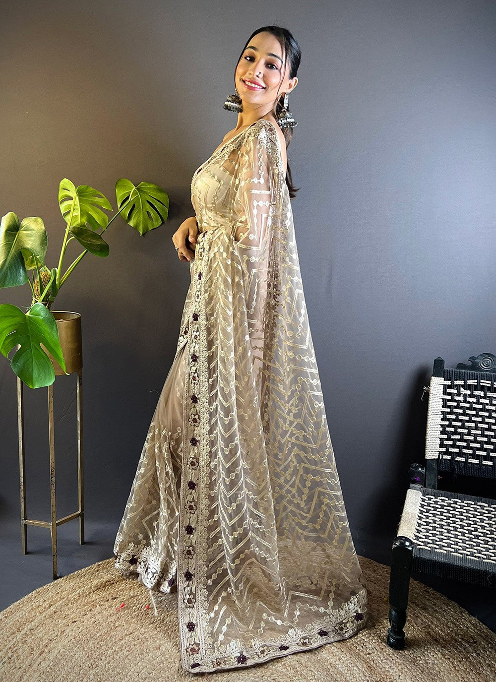 Trendy Embroidered Net Saree - S10598