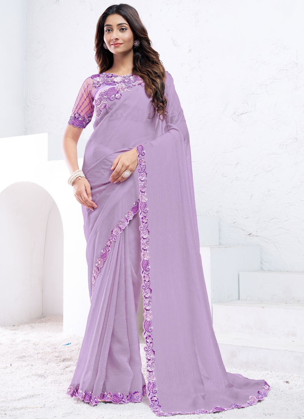 Embroidered, Moti, Sequins Crepe Silk Saree - S12036