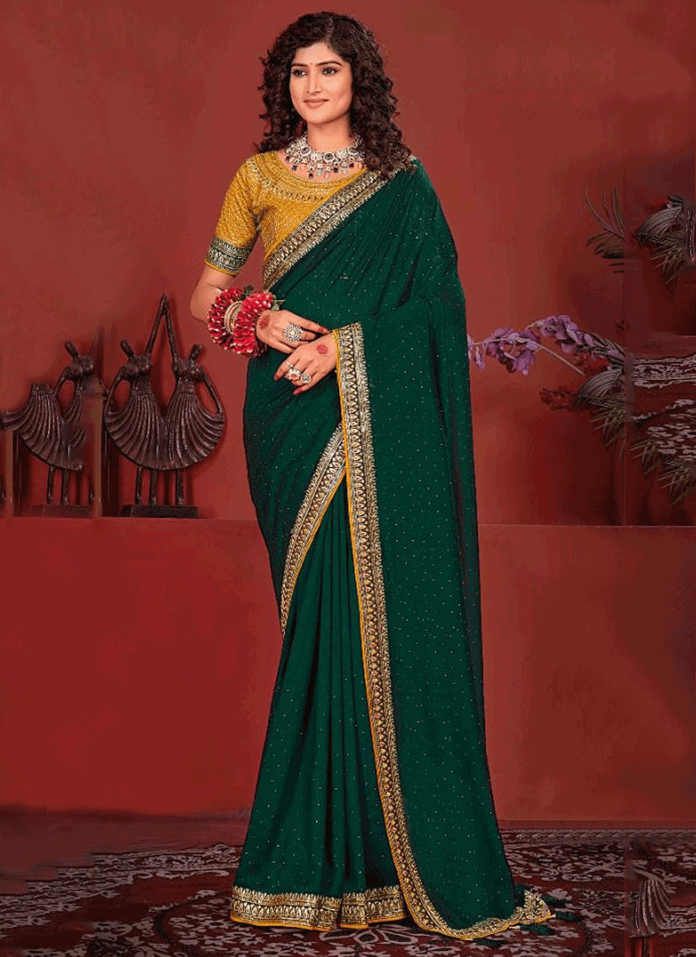 Traditional Border Work Vichitra Silk Purple Saree - S10963