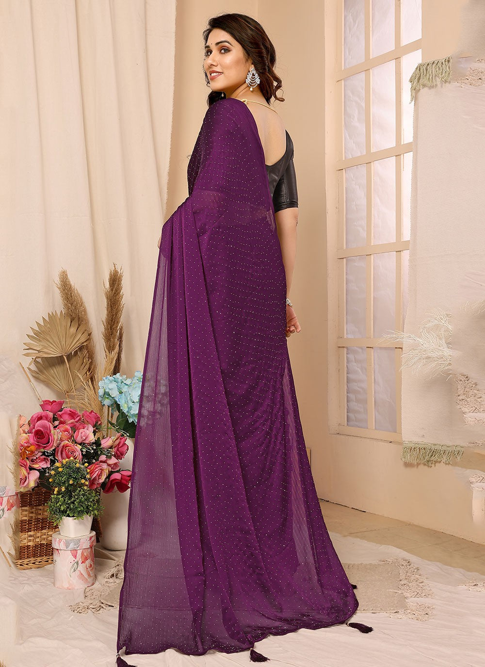 Classic Stones Chiffon Satin Saree - S5886