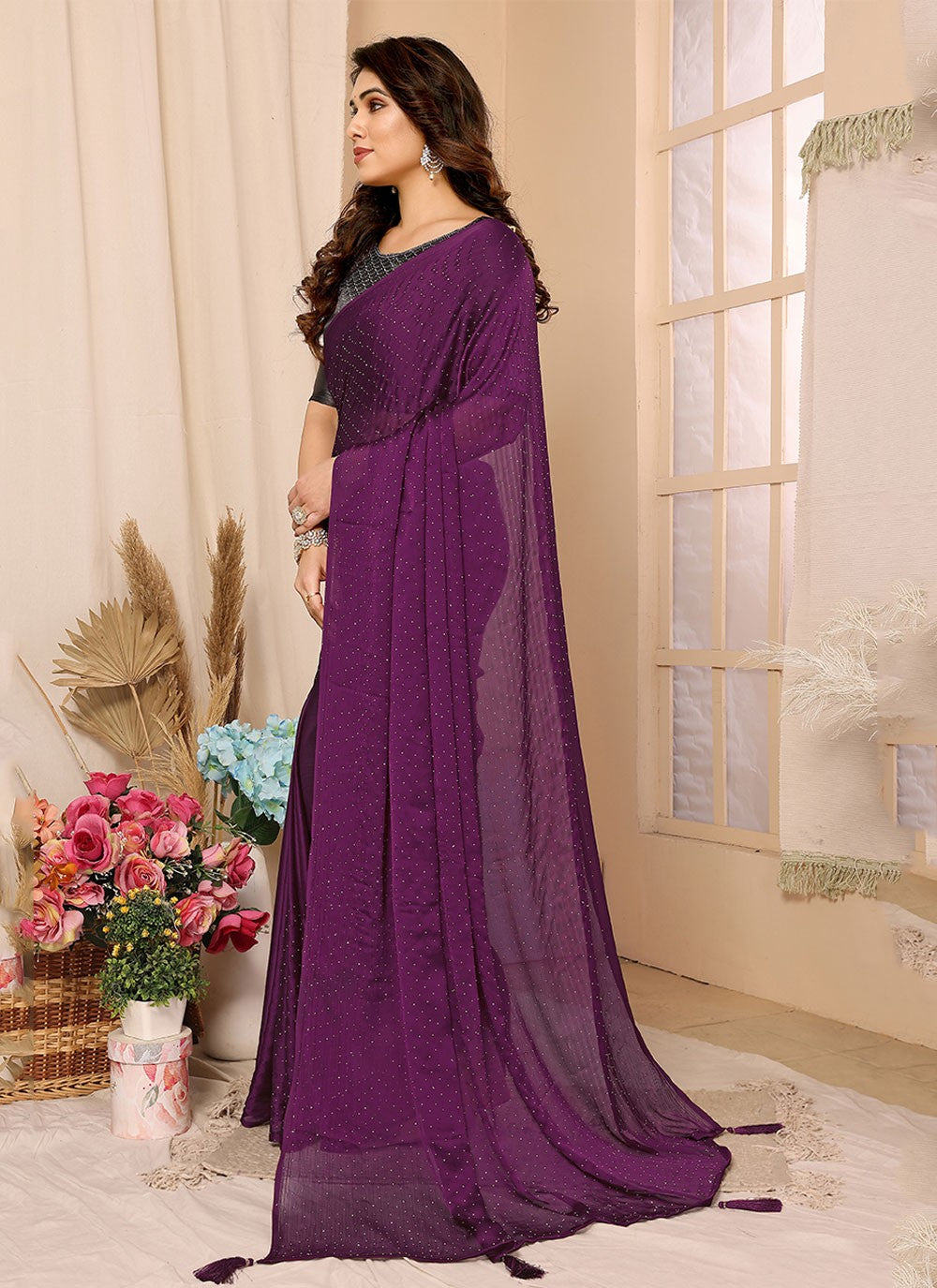 Classic Stones Chiffon Satin Saree - S5886