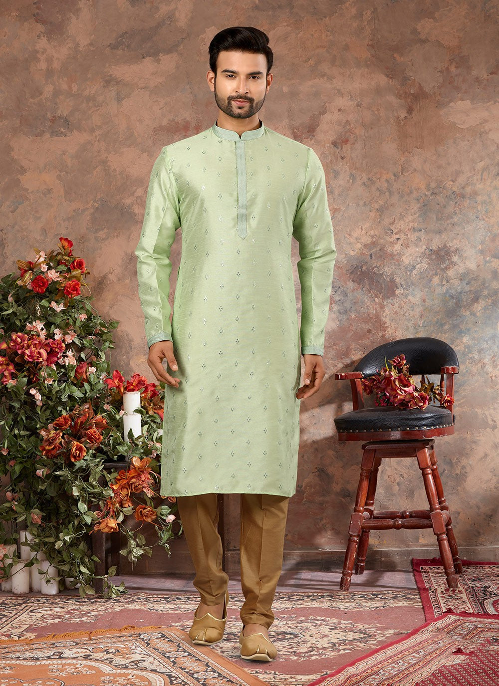 Stones Silk Green Kurta Pyjama - M3028