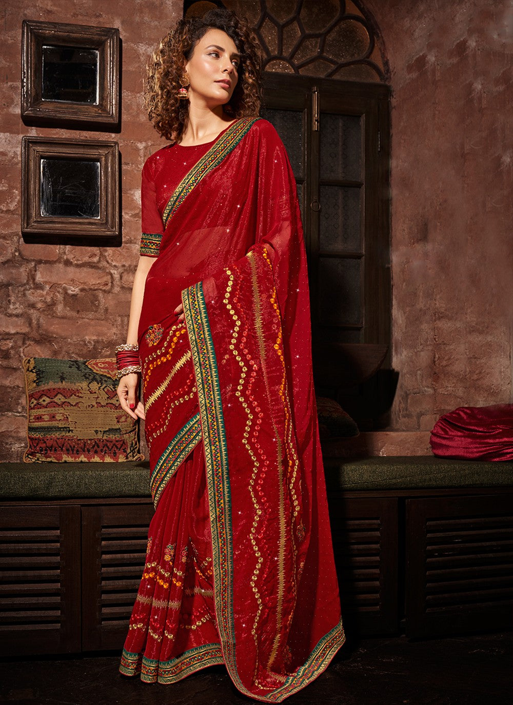 Classic Embroidered Chinon Saree - S3487