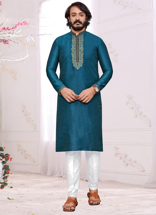 Embroidered Art Silk Teal Kurta Pyjama - M2022