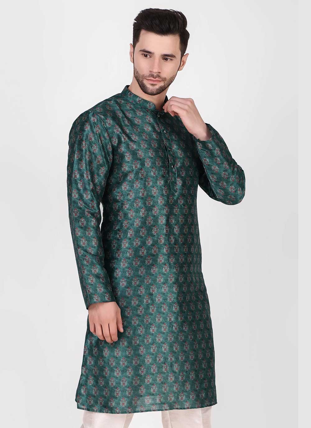 Printed Art Silk Teal Kurta Pyjama - M4755