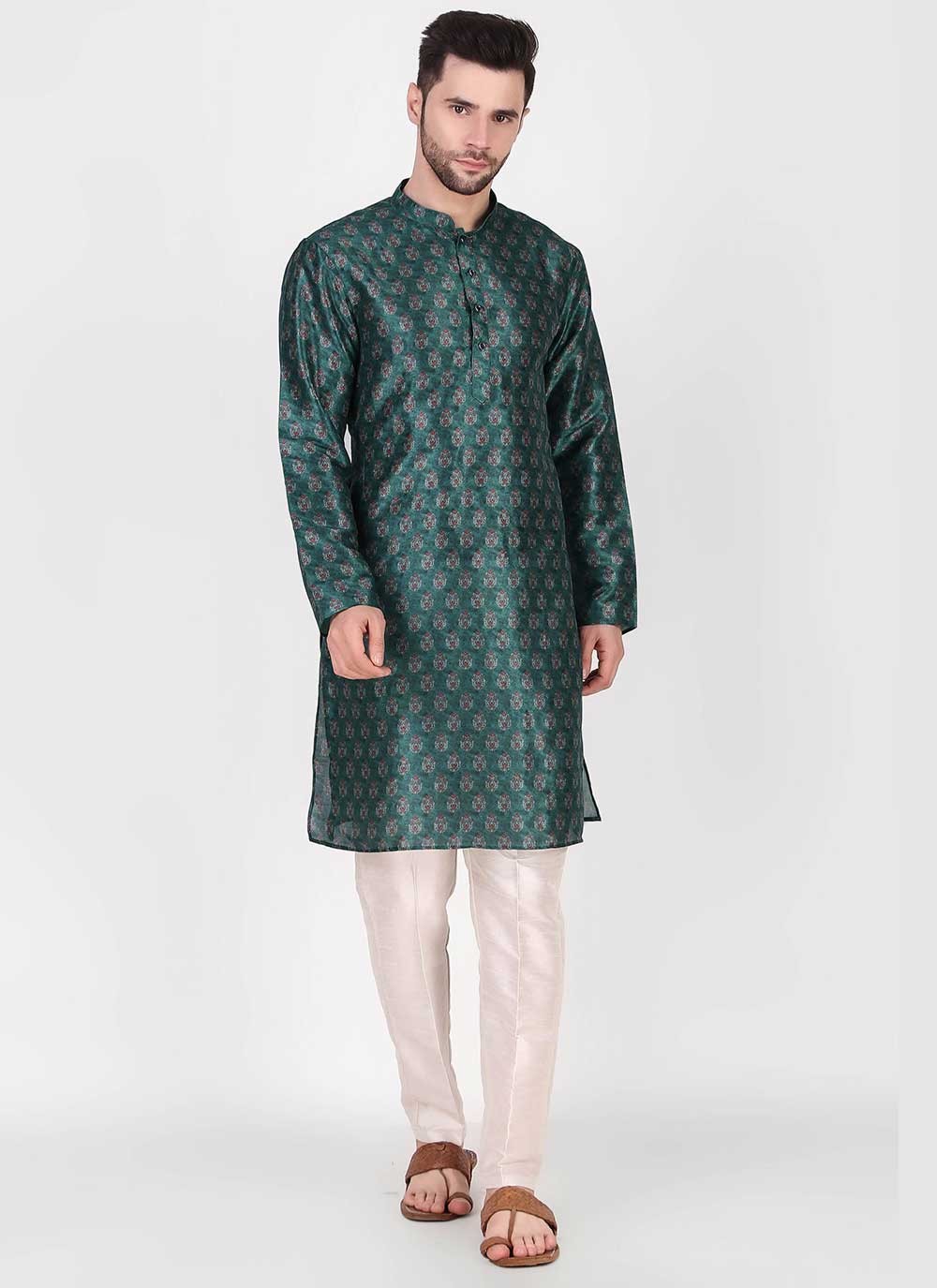 Printed Art Silk Teal Kurta Pyjama - M4755