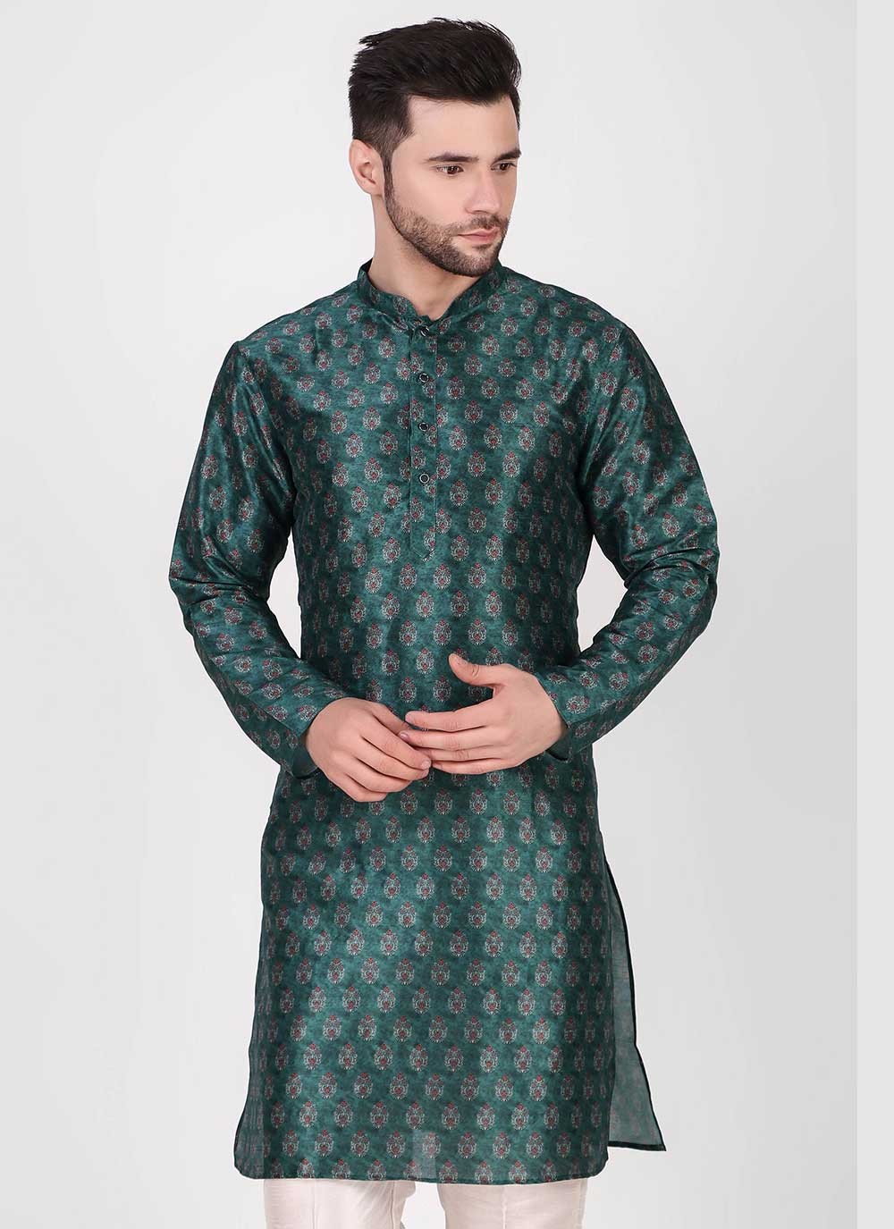 Printed Art Silk Teal Kurta Pyjama - M4755