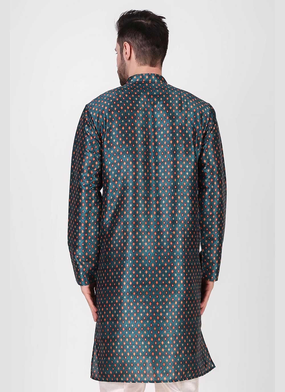 Printed Art Silk Teal Kurta Pyjama - M4760