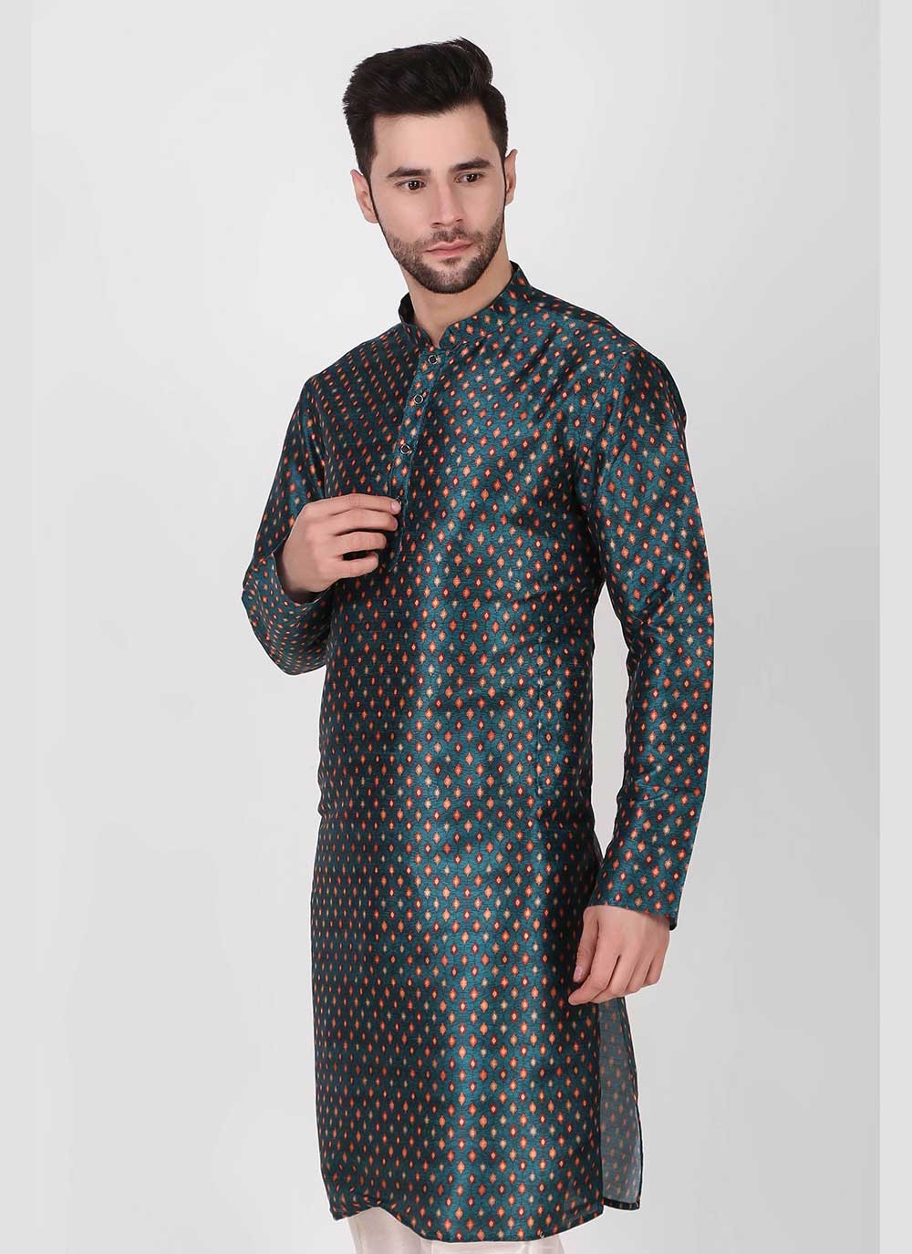 Printed Art Silk Teal Kurta Pyjama - M4760