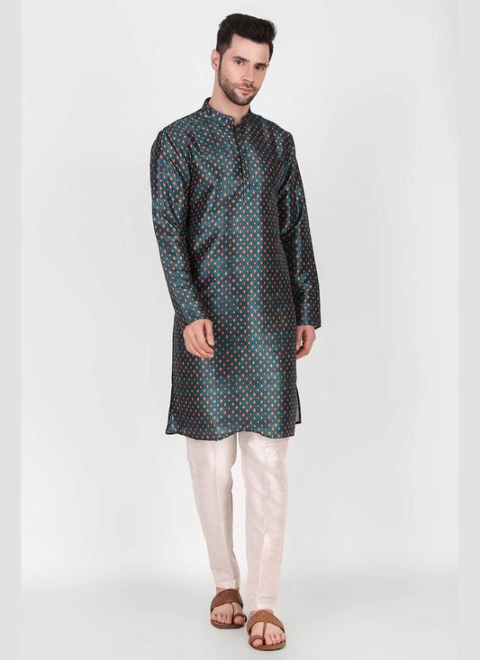 Printed Art Silk Teal Kurta Pyjama - M4760