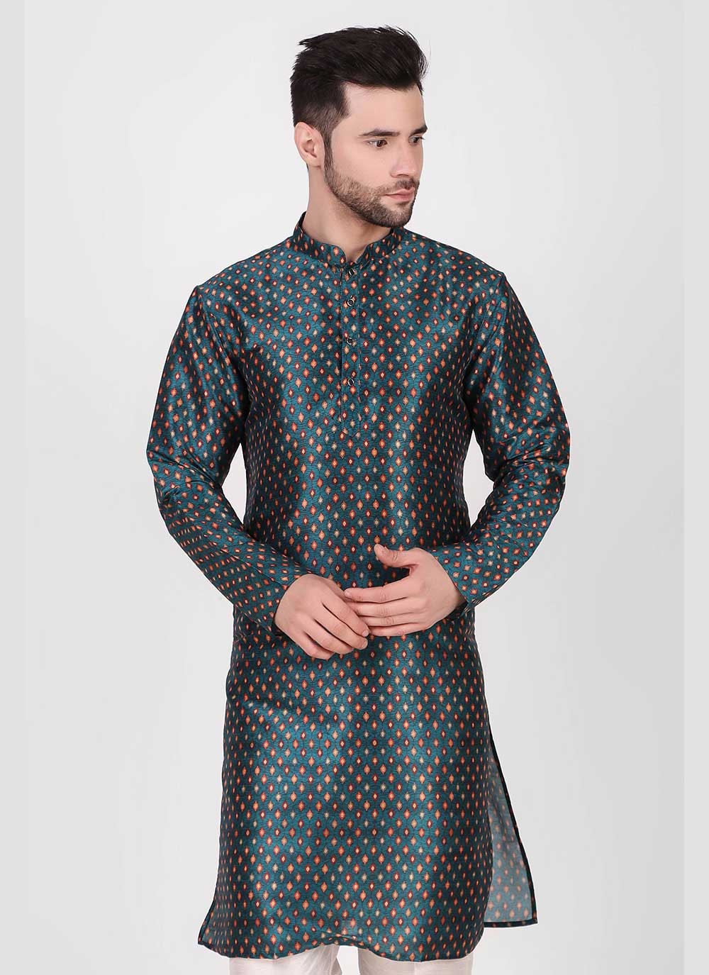 Printed Art Silk Teal Kurta Pyjama - M4760