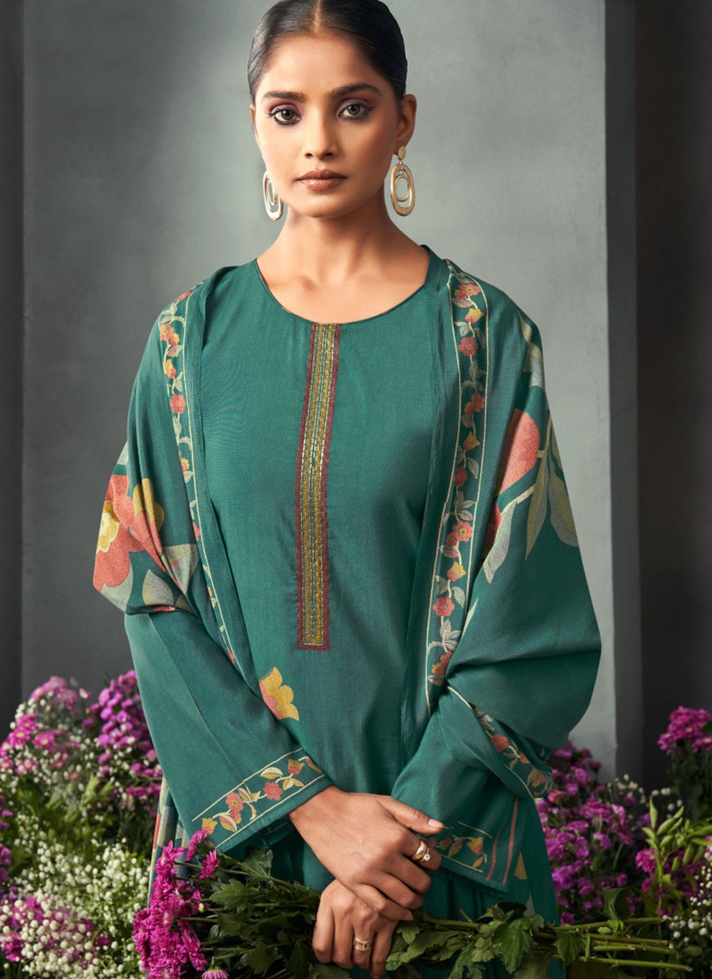 Embroidered Muslin Pant Style Suit - T4822