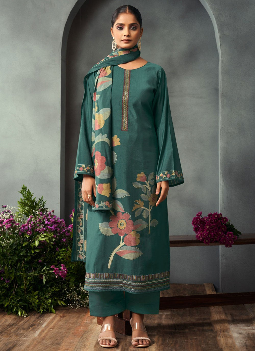 Embroidered Muslin Pant Style Suit - T4822