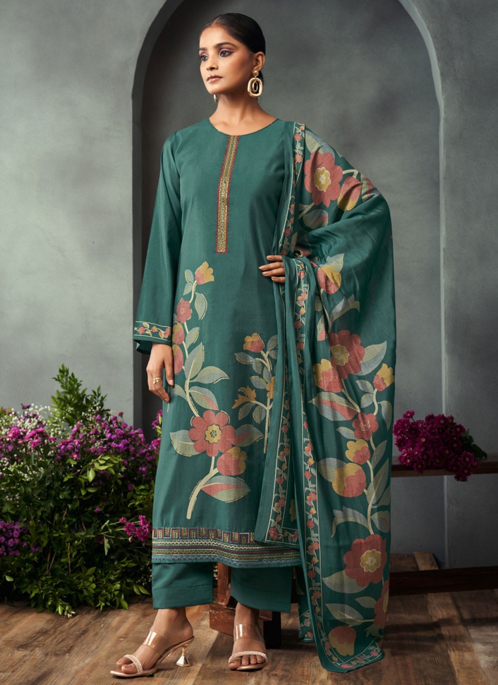 Embroidered Muslin Pant Style Suit - T4822