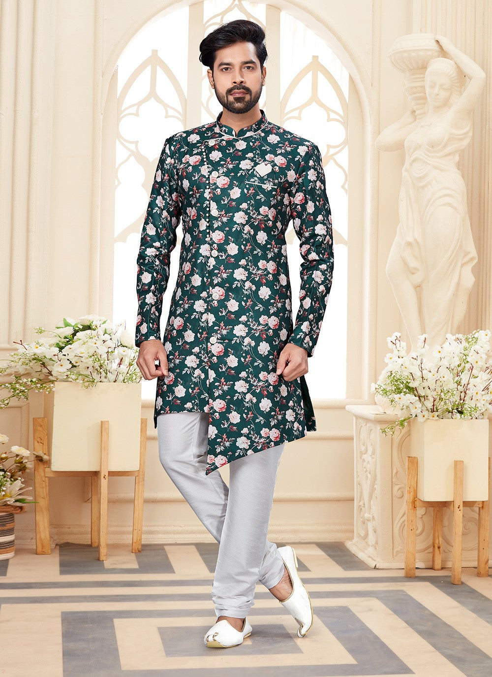 Digital Print Jacquard Teal Indo Western - M2930