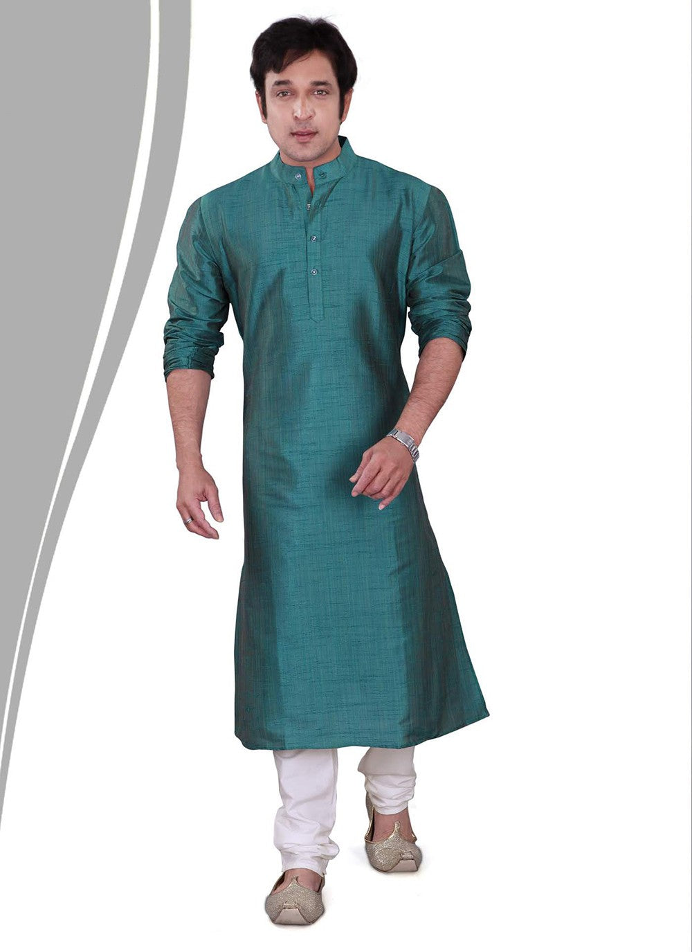 Plain Dupion Silk Teal Kurta Pyjama - M2148