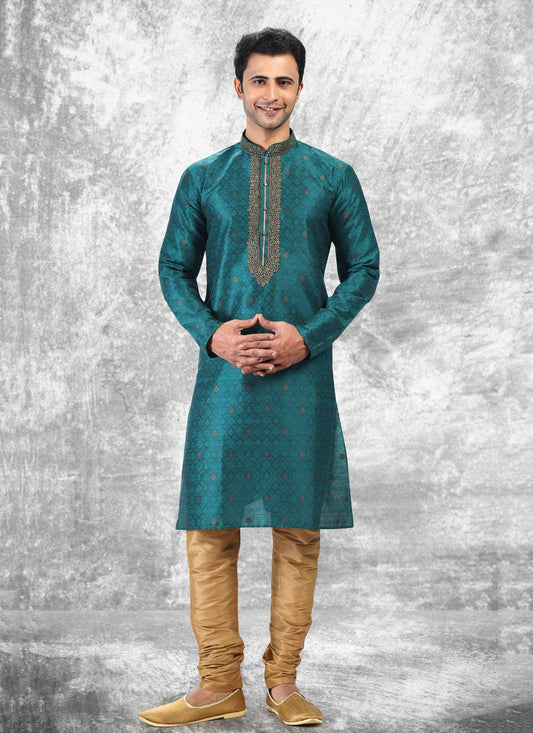 Fancy Work Brocade, Jacquard Silk Teal Kurta Pyjama - M4855