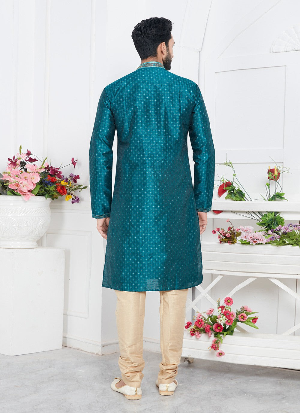 Pintex Brocade, Jacquard Silk Teal Kurta Pyjama - M7767