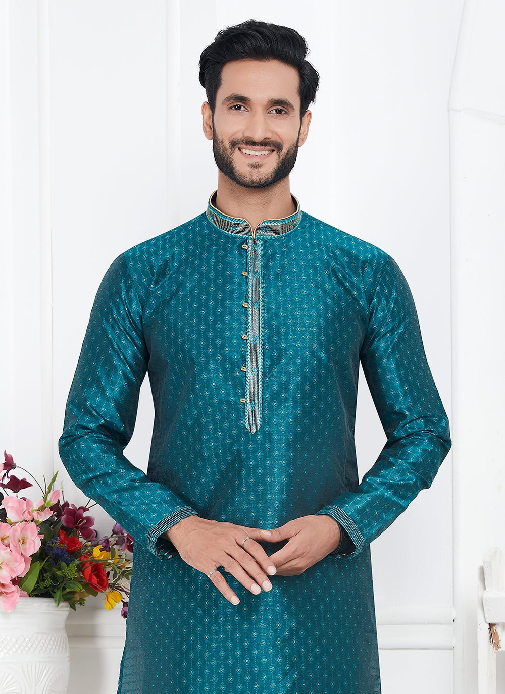 Pintex Brocade, Jacquard Silk Teal Kurta Pyjama - M7767