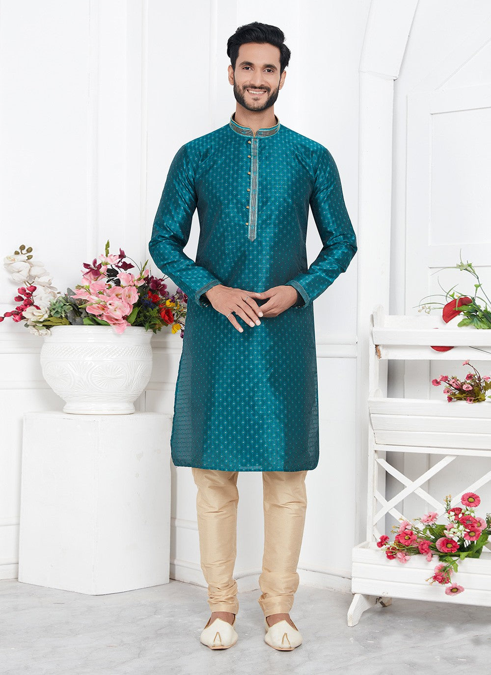 Pintex Brocade, Jacquard Silk Teal Kurta Pyjama - M7767