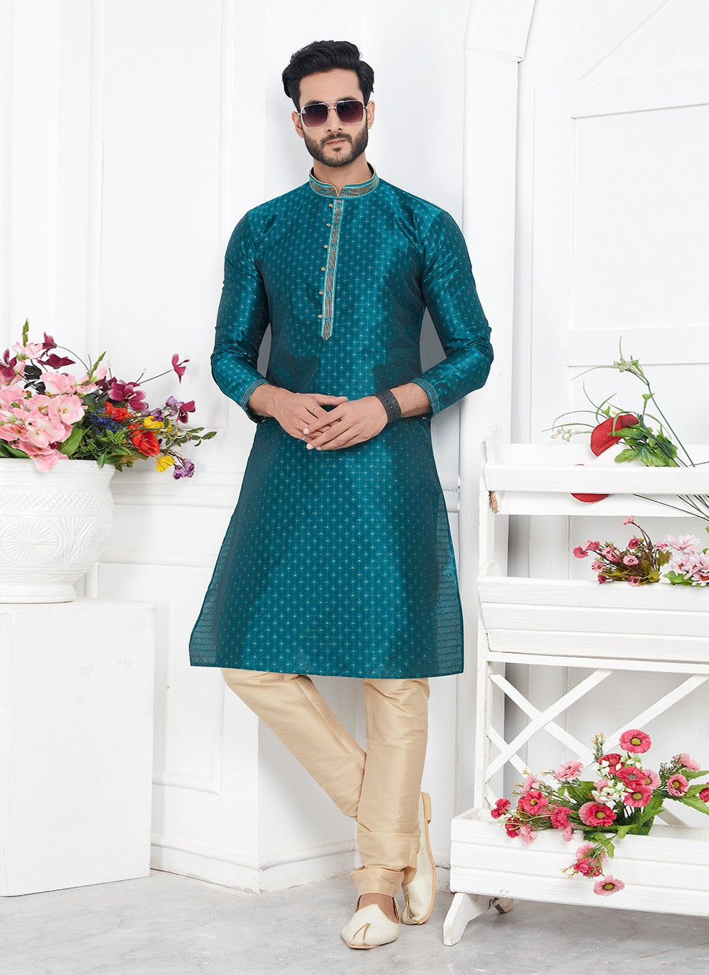 Pintex Brocade, Jacquard Silk Teal Kurta Pyjama - M7767