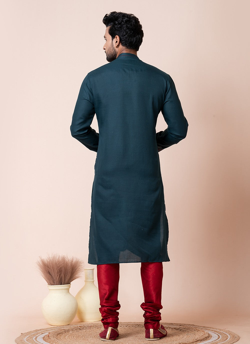 Plain Cotton Teal Kurta Pyjama - M8583