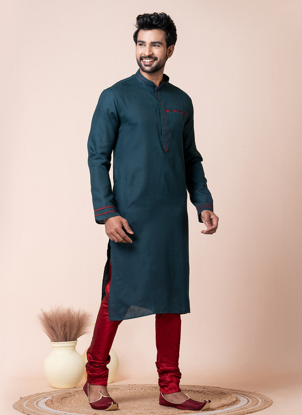 Plain Cotton Teal Kurta Pyjama - M8583