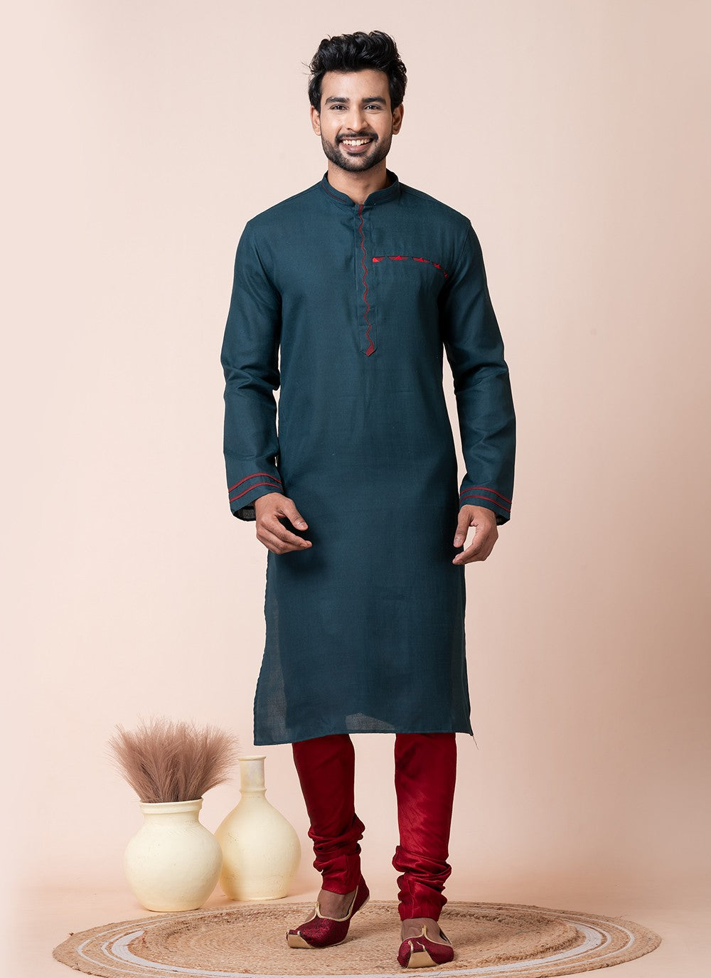 Plain Cotton Teal Kurta Pyjama - M8583