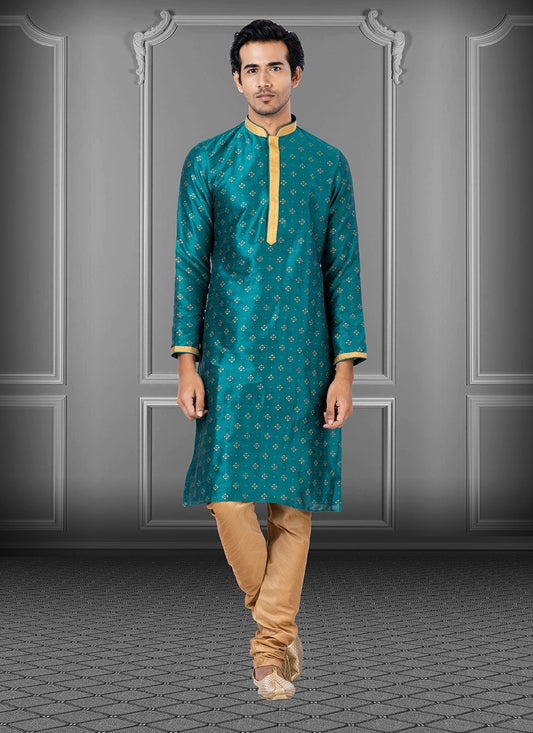 Printed Dupion Silk Teal Kurta Pyjama - M3654