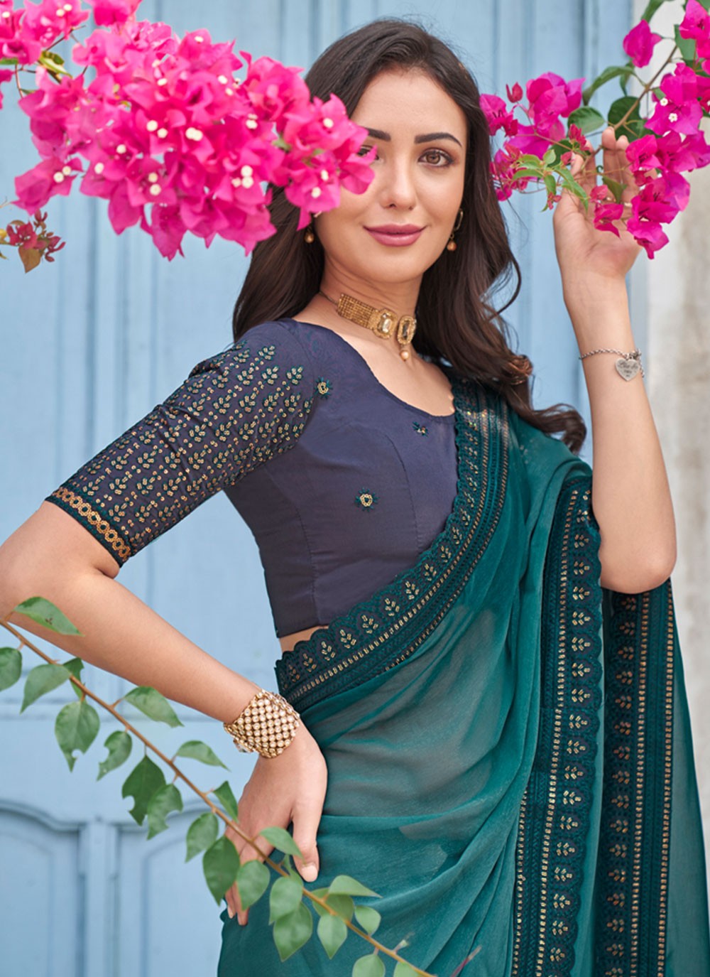 Trendy Embroidered Shimmer Saree - S4835