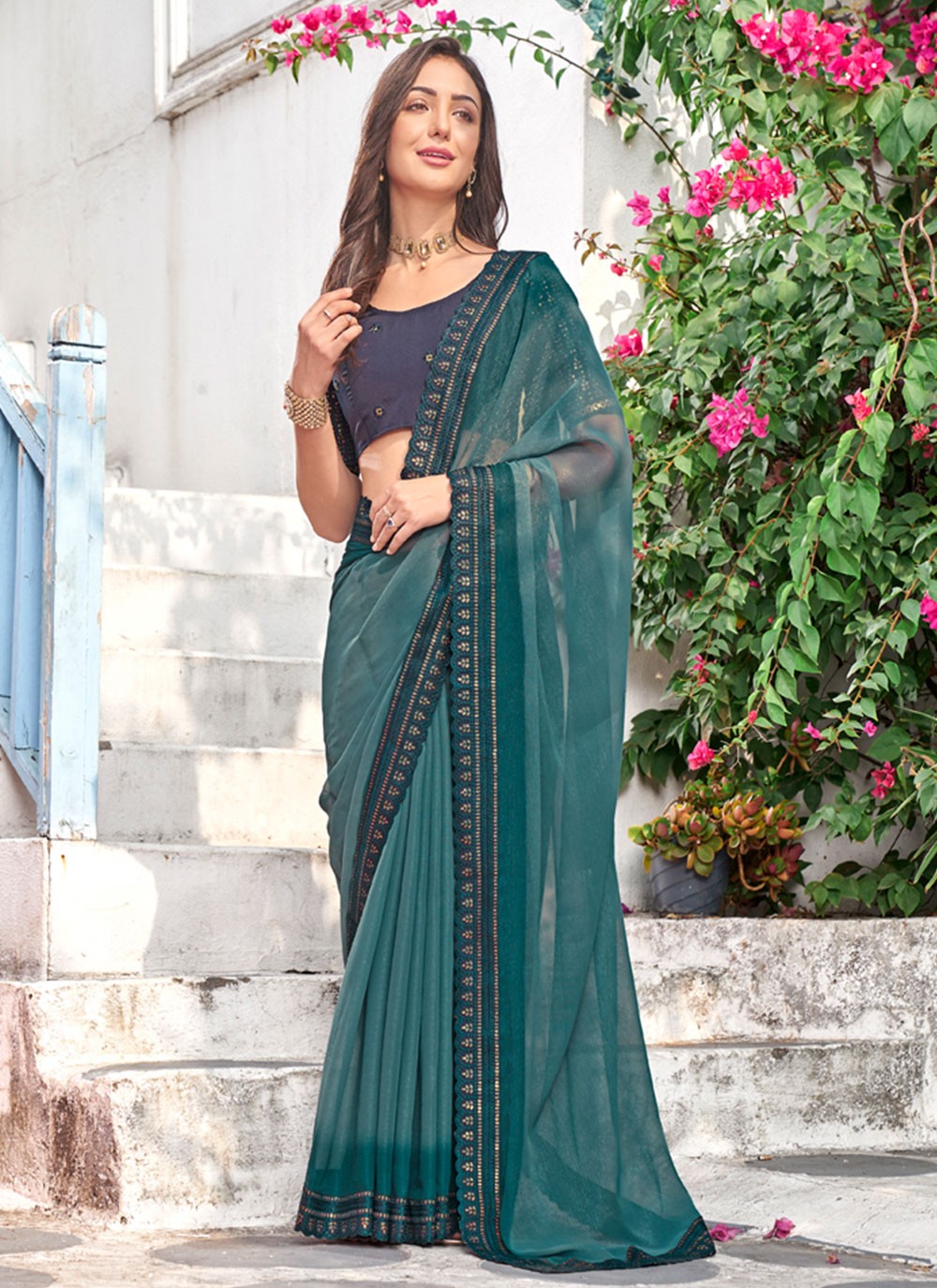 Trendy Embroidered Shimmer Saree - S4835