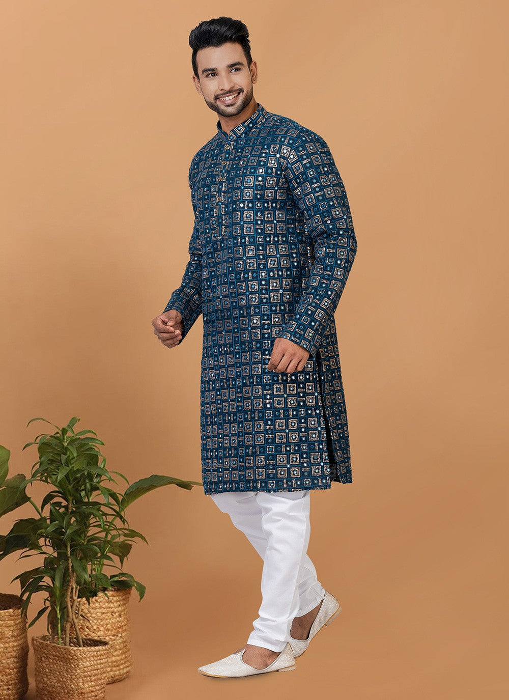 Embroidered Georgette Teal Kurta Pyjama - M6239