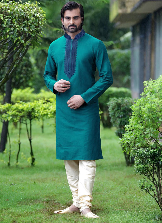 Embroidered Dupion Silk Teal Kurta Pyjama - M2130