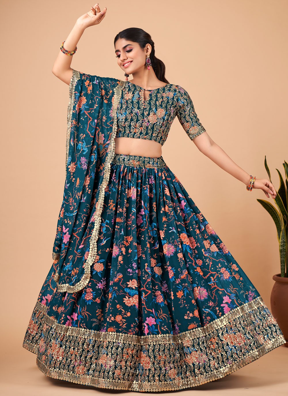 Embroidered Faux Georgette A - Line Lehenga - L0755