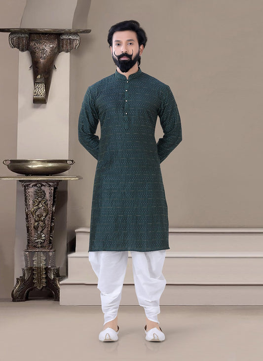 Fancy Work Silk Teal Dhoti Kurta - M3455