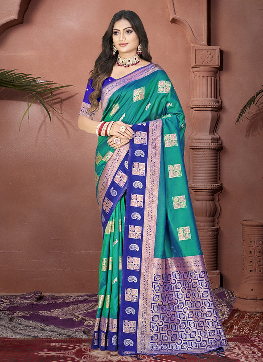 Trendy Weaving Zari Silk Teal Saree - S11117