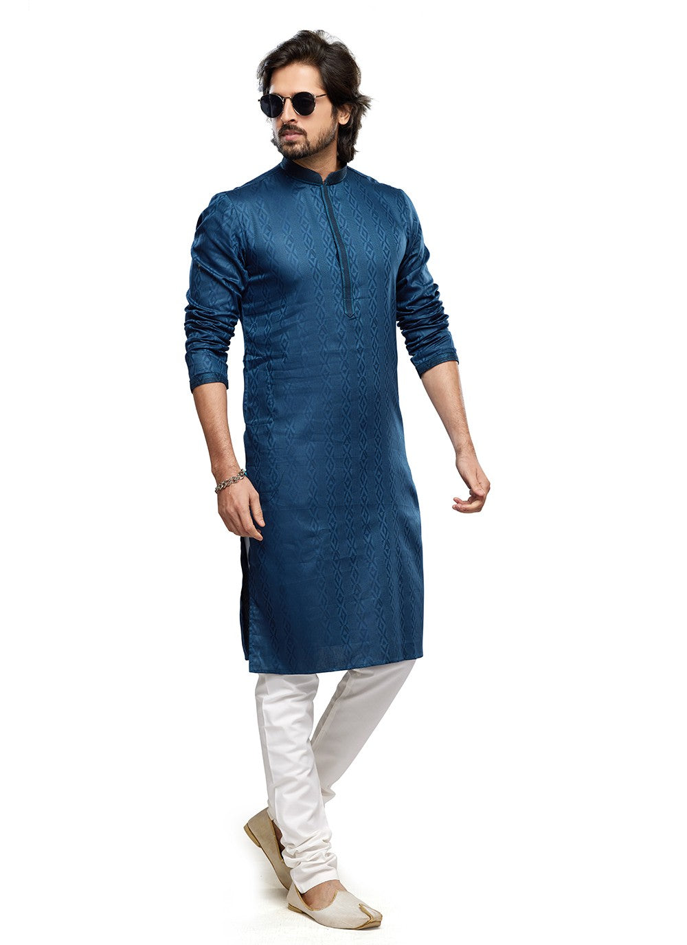 Digital Print Art Silk Teal Kurta Pyjama - M6745