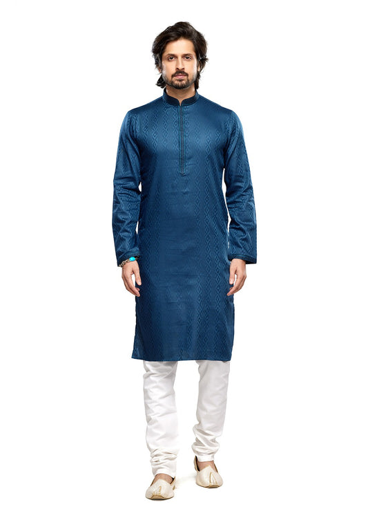 Digital Print Art Silk Teal Kurta Pyjama - M6745