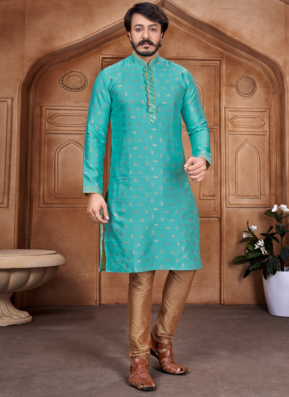 Buttis Jacquard Teal Kurta Pyjama - M1880